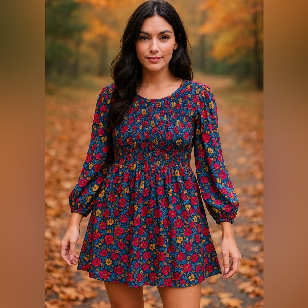 Ingrid & Isabel Floral Smocked Babydoll Dress Women’s Size L Boho Y2K Fall Midi